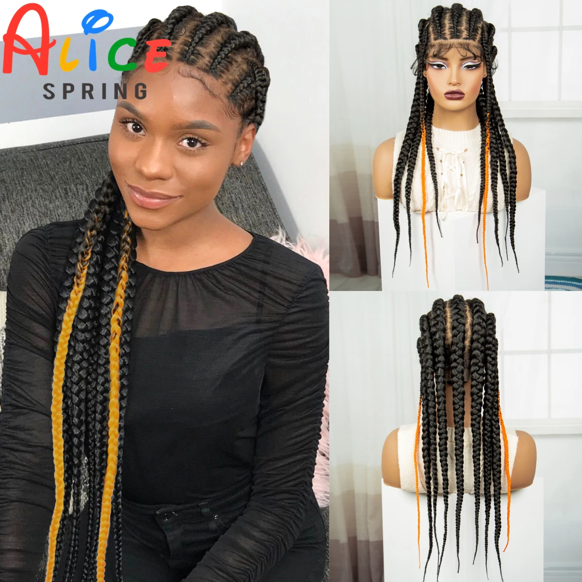 

24 Inch Synthetic Braided Wigs Full Lace Cornrow Braids Wig Natural with Orange Boho Braideds Straight Hair Wigs for Black Women