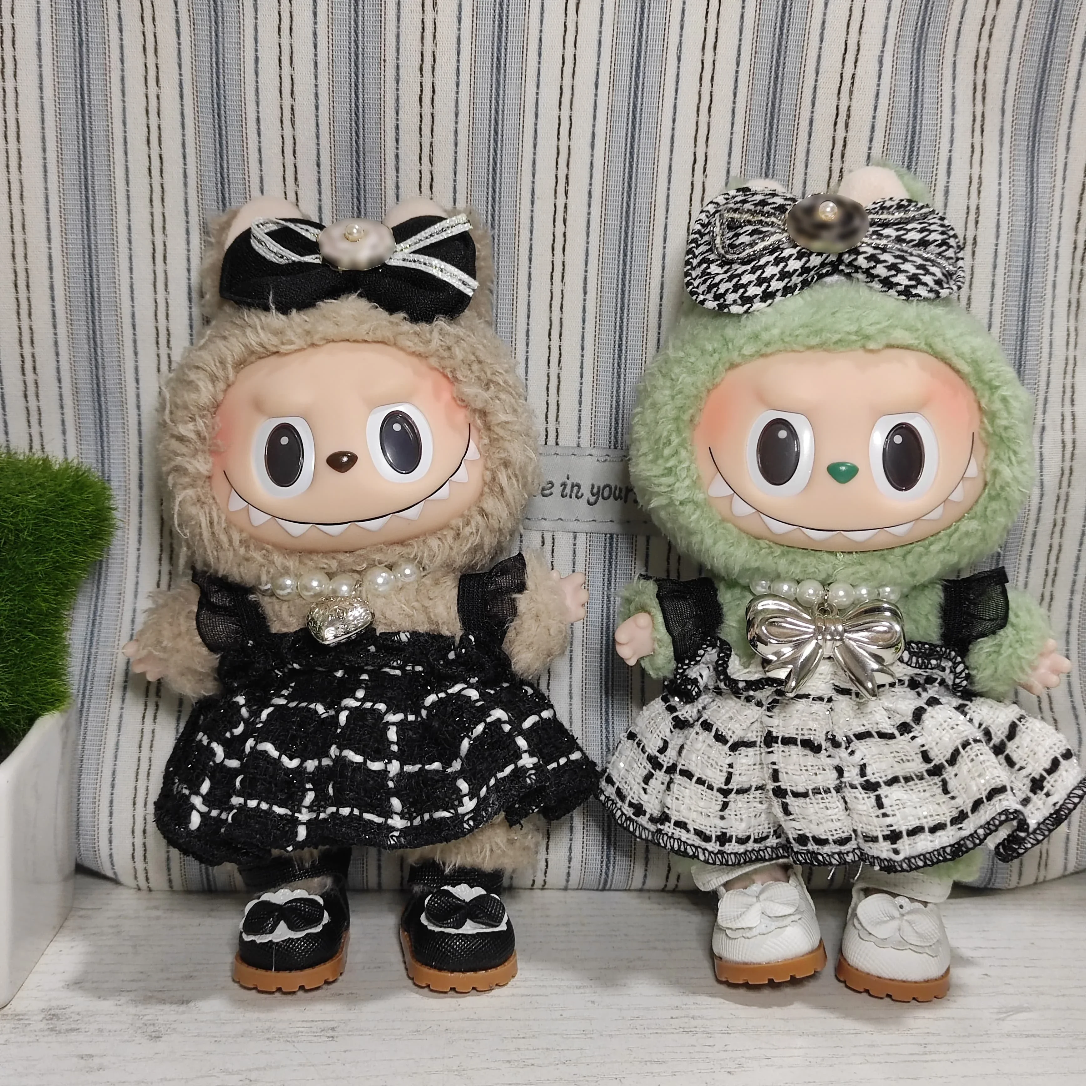 Doll Clothes Outfit Accessories Labubu Clothes Designer Black and White Plaid Dress Set DIY Mini Dolls Clothing Girl Gift