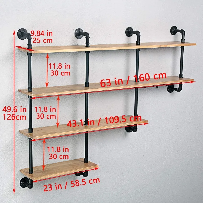 4-Tiers 63inch Industrial Pipe Shelving,Rustic Wooden&Metal Floating Shelves,Home Decor Shelves Wall Mount with Wine Rack