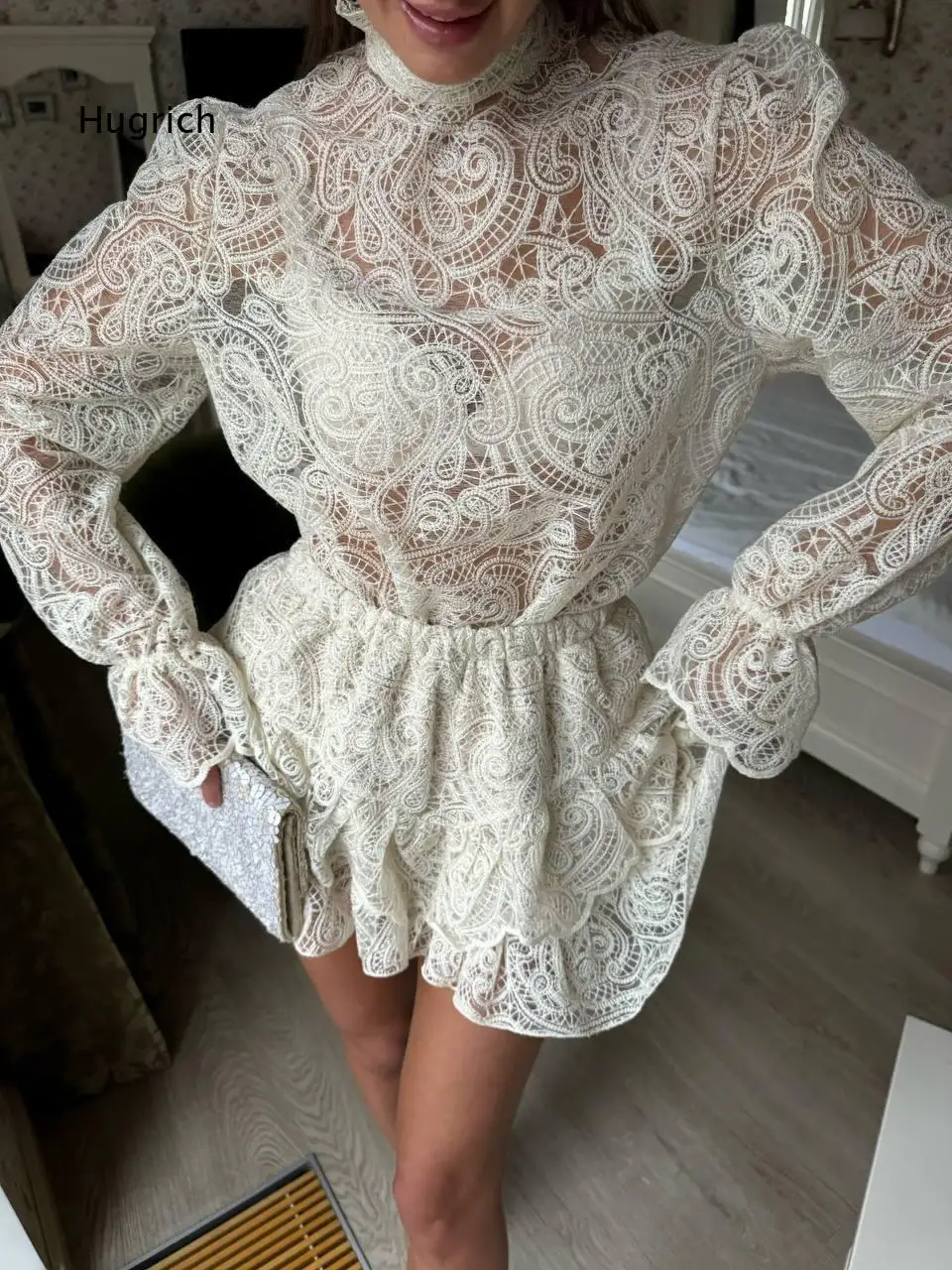 Women Two Piece Cake Skirt Set Solid Color Lace Hollow Out High Neck Dress With Lantern Sleeve Unique Stylish Design For Party