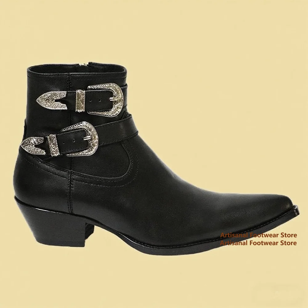 

Double Metal Buckle Chelsea Boots Men's Side Zippers Ankle Booties Men's Pointed Toe Black Leather Trend Handmade Men's Shoe