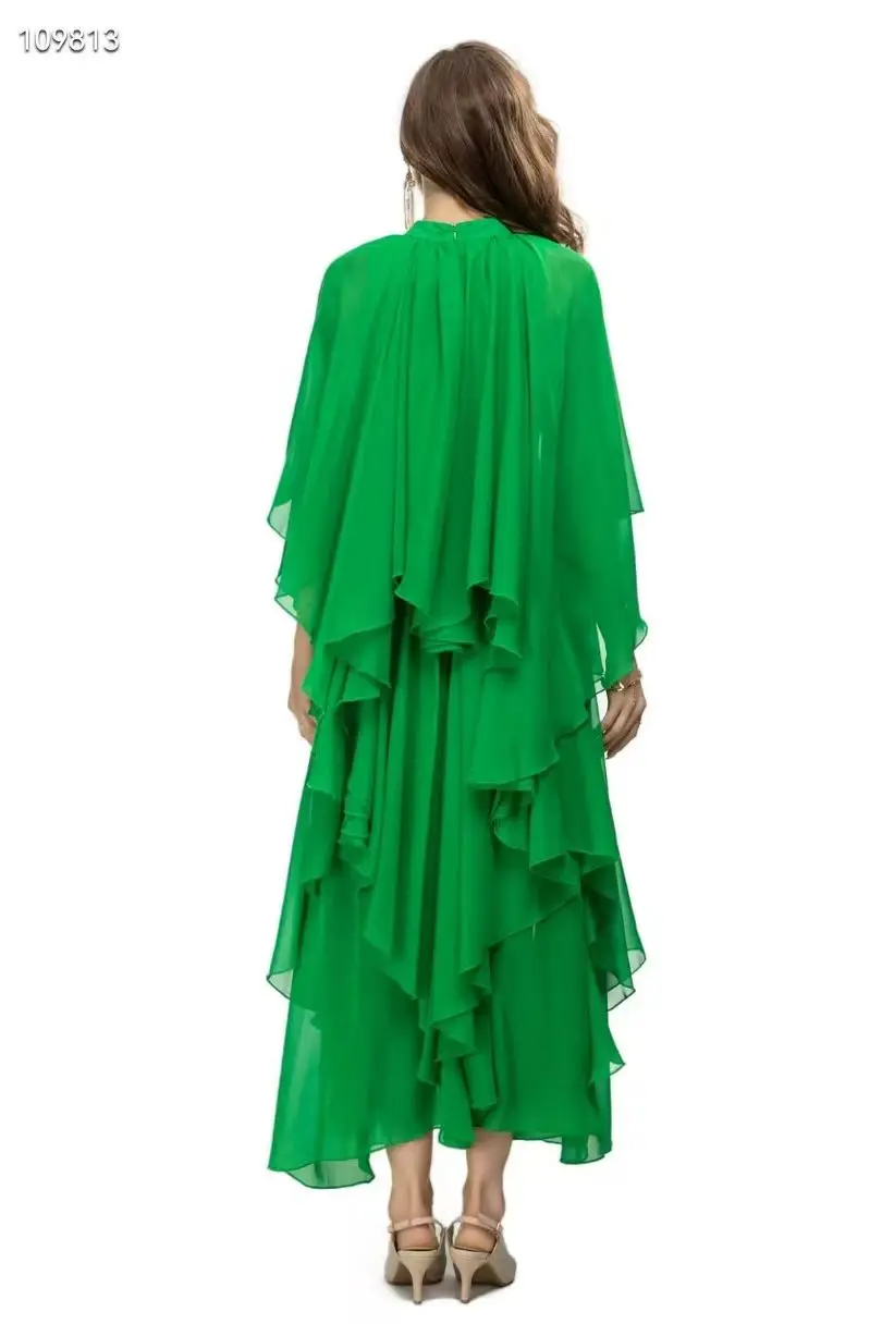 Primavera e verão novo estilo de praia pequeno gola em camadas irregular chiffon plissado folha de lótus renda vestido feminino S-3XL