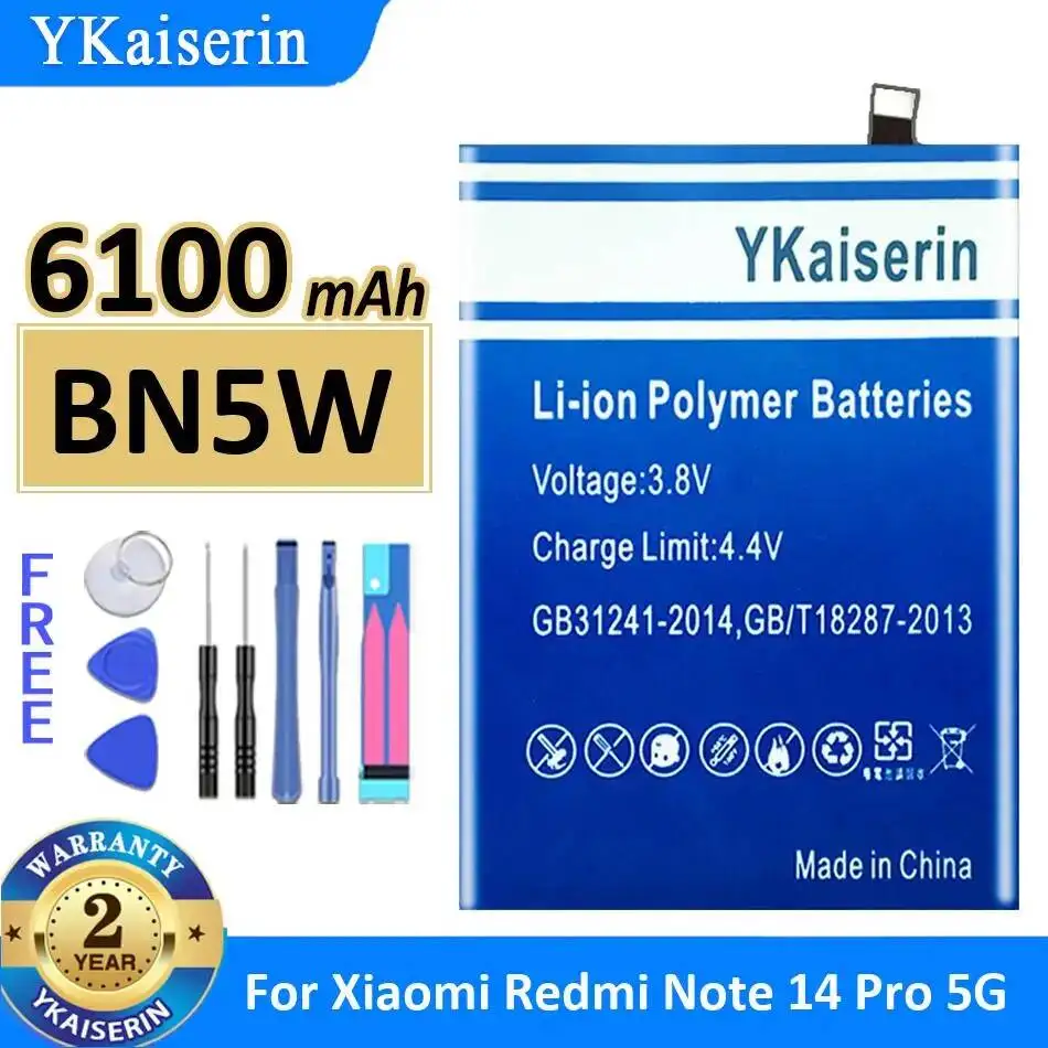 

Аккумулятор для мобильного телефона BN5W, прочный, 6100 мАч, для Xiaomi Redmi Note 14 Pro 5G, легкий