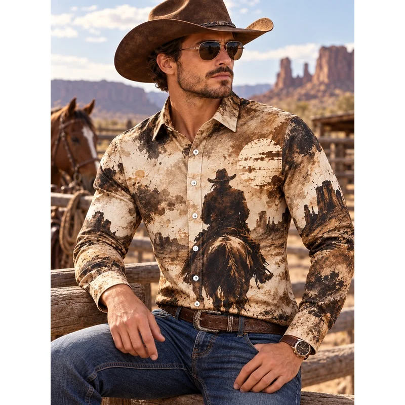 New Western Men'S Long-Sleeve Shirt, Desert Cowboy Style Printed Shirt, American Western Wilderness Style Trendy Men'S Wear, Wes