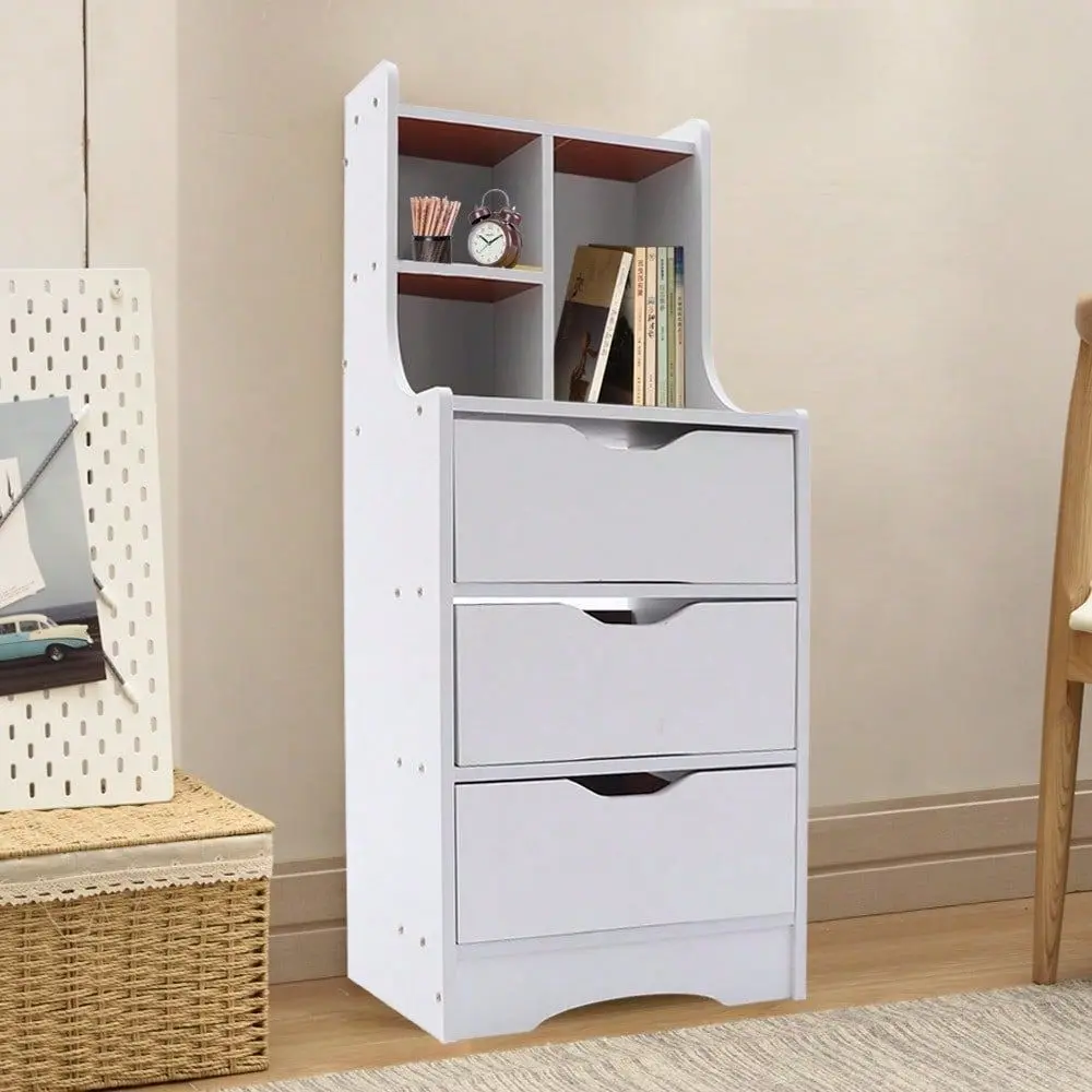 

Table Storage Cabinet Organizer Nightstand With 3 Drawers White Wood End Table With Storage Shelf Bedside Cabinet Furniture For