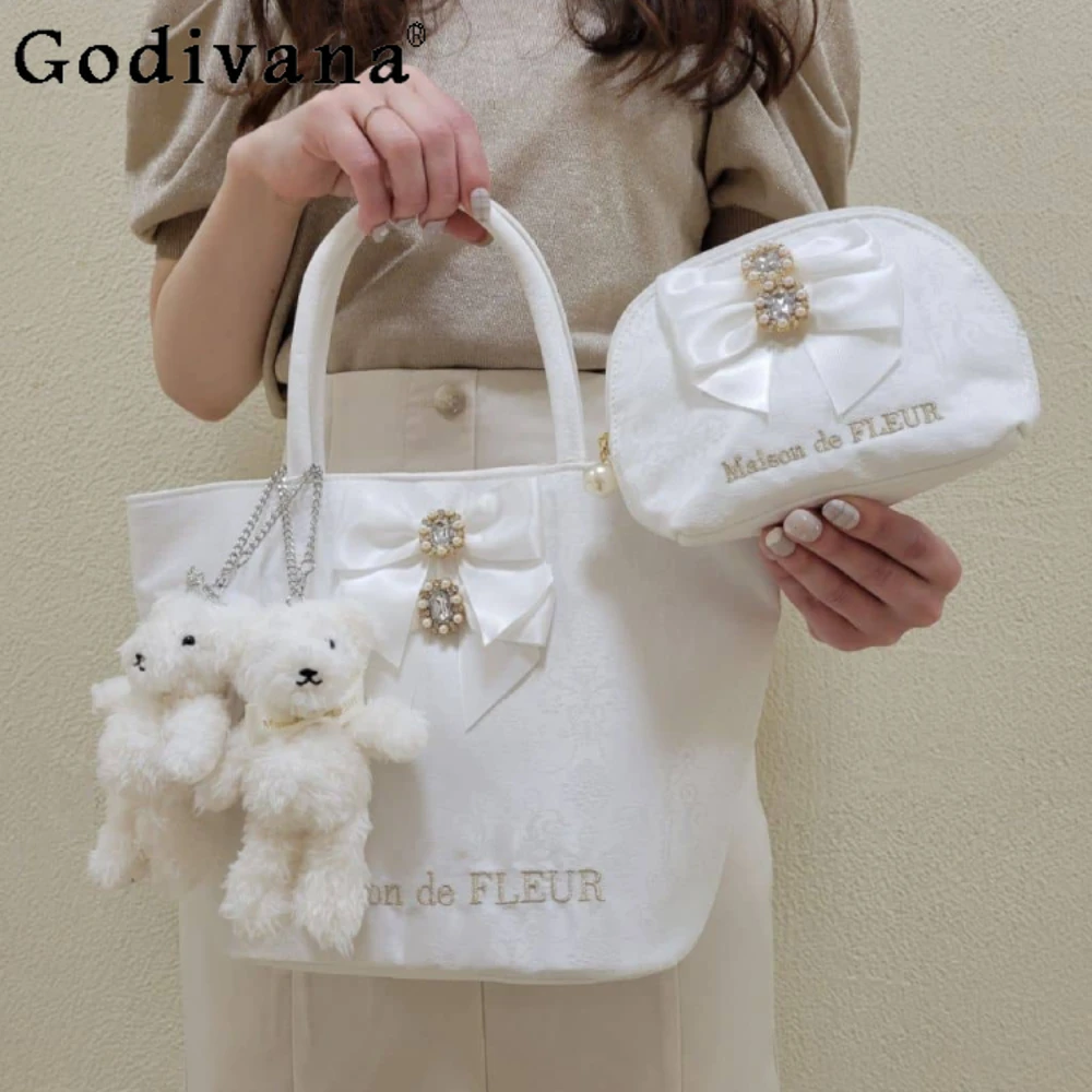 Japanese Handbag Personality Cosmetic Bags Fairy Bow White Mini Bag Sweet Pearl Round Portable Clutch Bag Women Girls