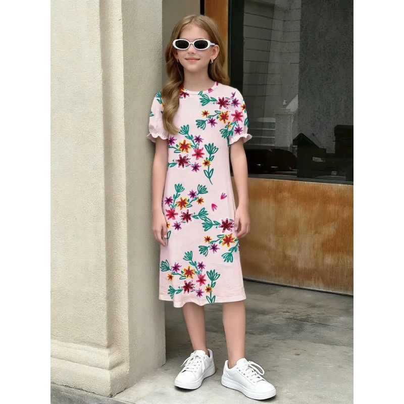

2025 Girls' Floral Print Puff Sleeve Midi Dress - Boho Casual Pink Summer Outfit