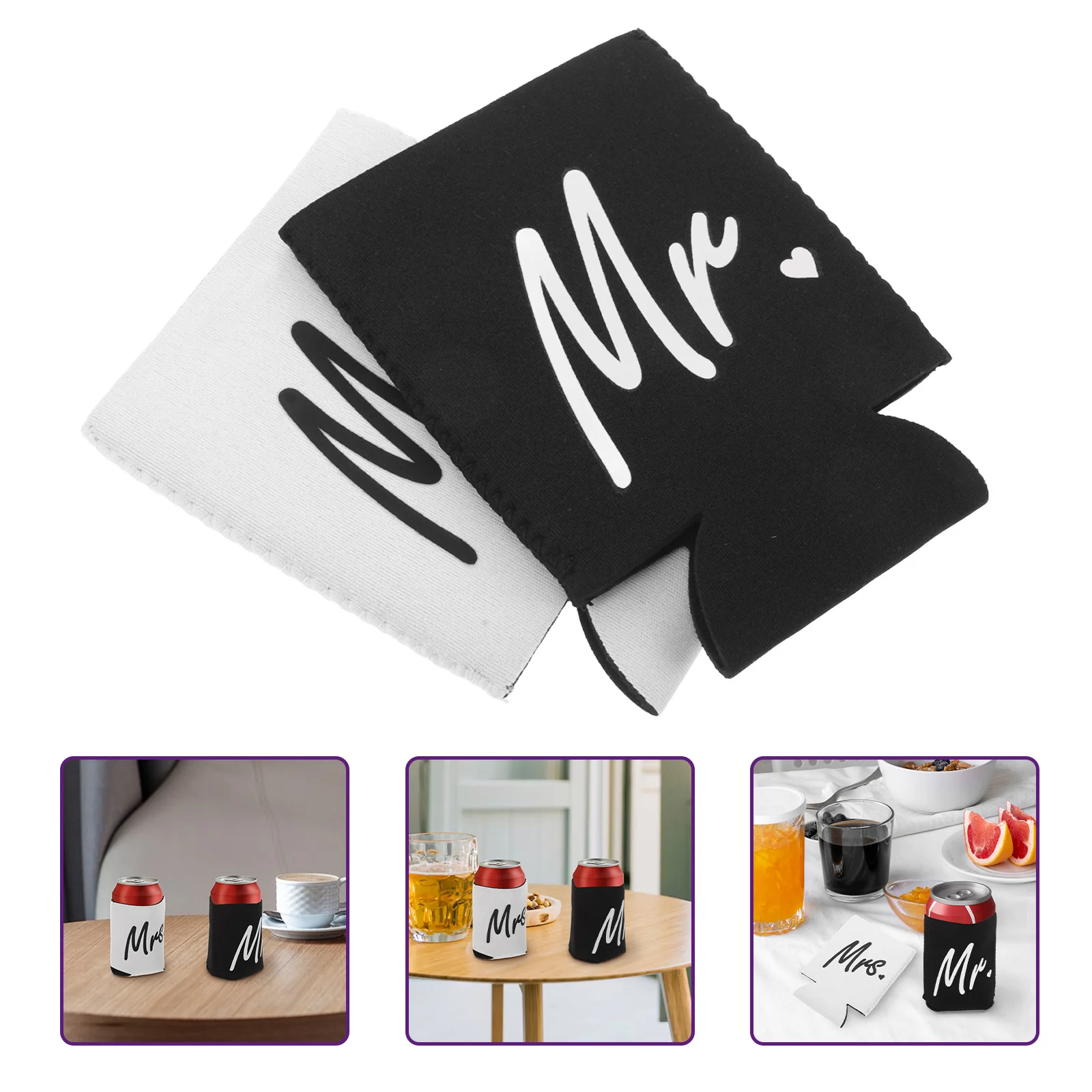 

2Pcs Mrs Mr Can Cooler Wedding Beverage Can Holders Set Bride Groom Beer Bottle Sleeve Slim Reusable Soda Cooler Party Supplies