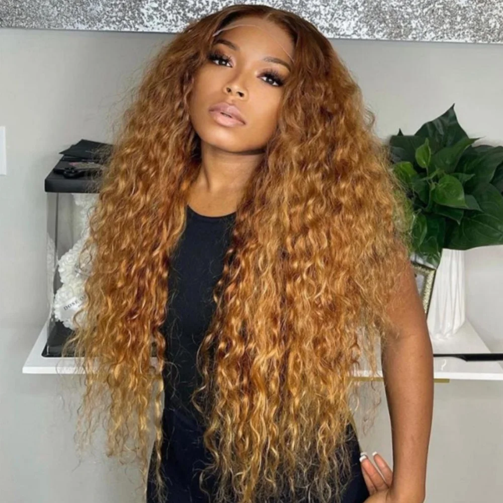 

180 Density Soft 26Inch Ombre Blonde Kinky Curly Lace Front Wig For Women Baby Hair Synthetic Fiber Deep Part Daily Wear Wigs