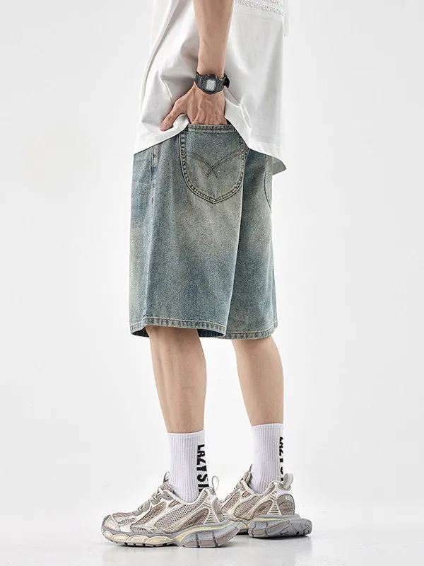 Retro American Sle Faded Denim orts Men's Summer Loose Sports Mid-Pants Trendy Casual Five-Point Pants Youth Wear