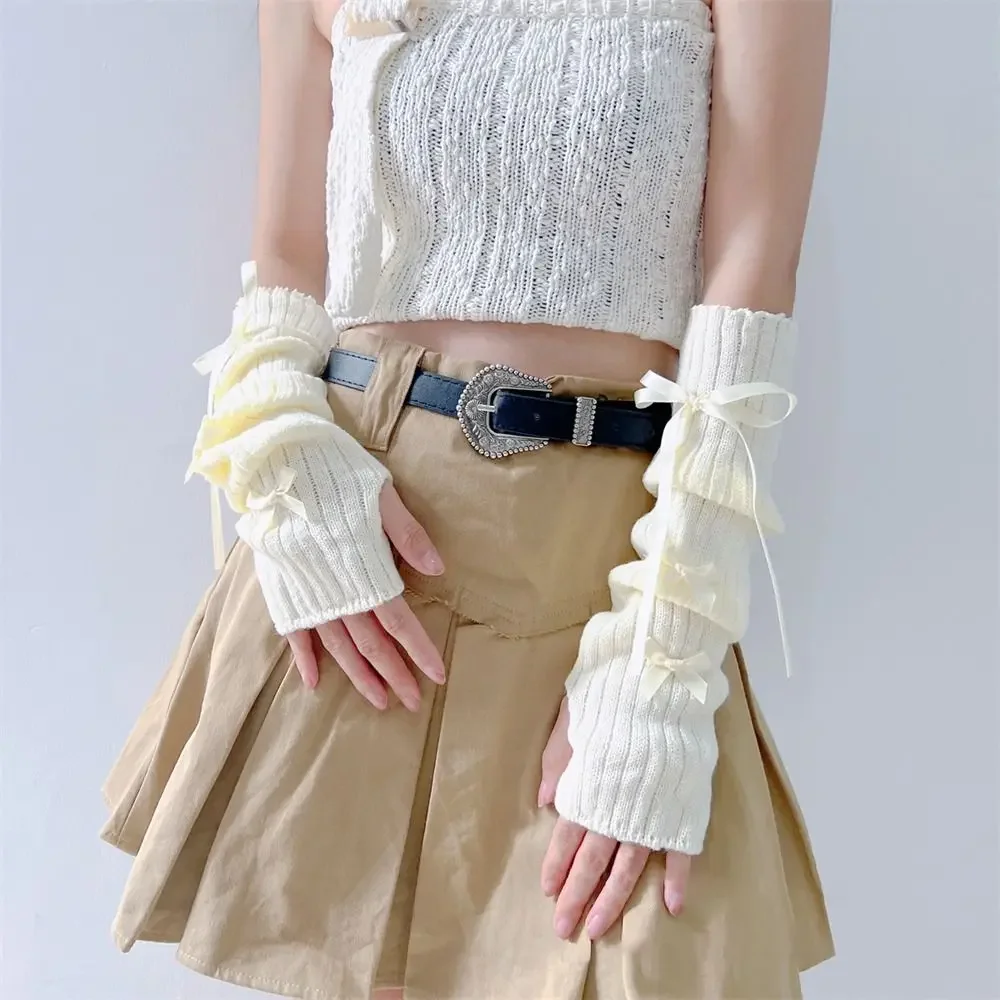 Female Y2K Fashion Arm Warmers Bowknot Soft Knitted Gloves Women Girl Half Finger Mittens Solid Color Thicken Arm Sleeves