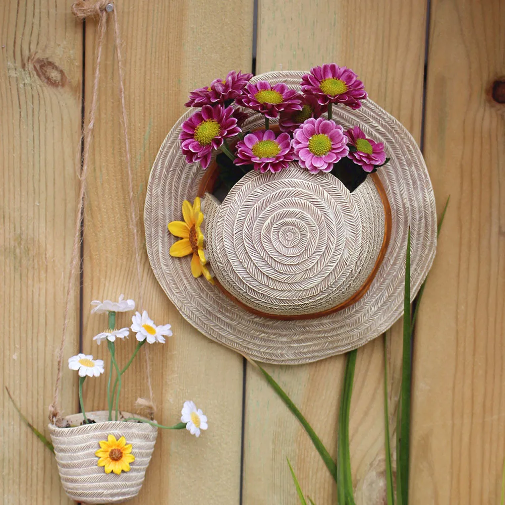 

Boho Hat & Bag Planter Imitation Straw Planting Pot Decorative Hanging Flower Pot Succulent Plant Pot for Balcony Garden Yard
