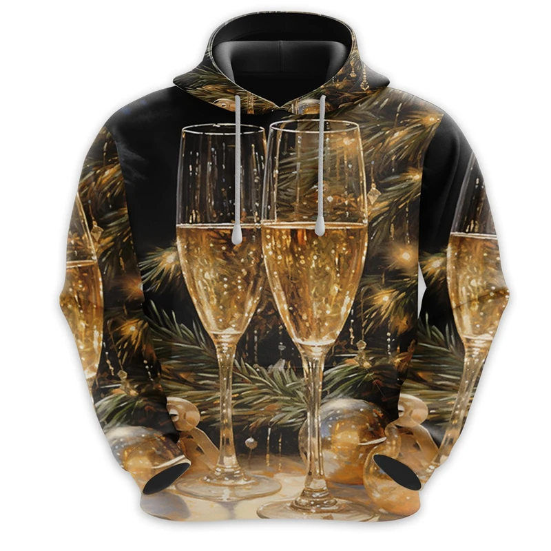 New Year Fireworks Pattern Hoodies Fashion Men Women 3D Champagne Printed Christmas Hoodie Sweatshirt Loose Streetwear Pullovers