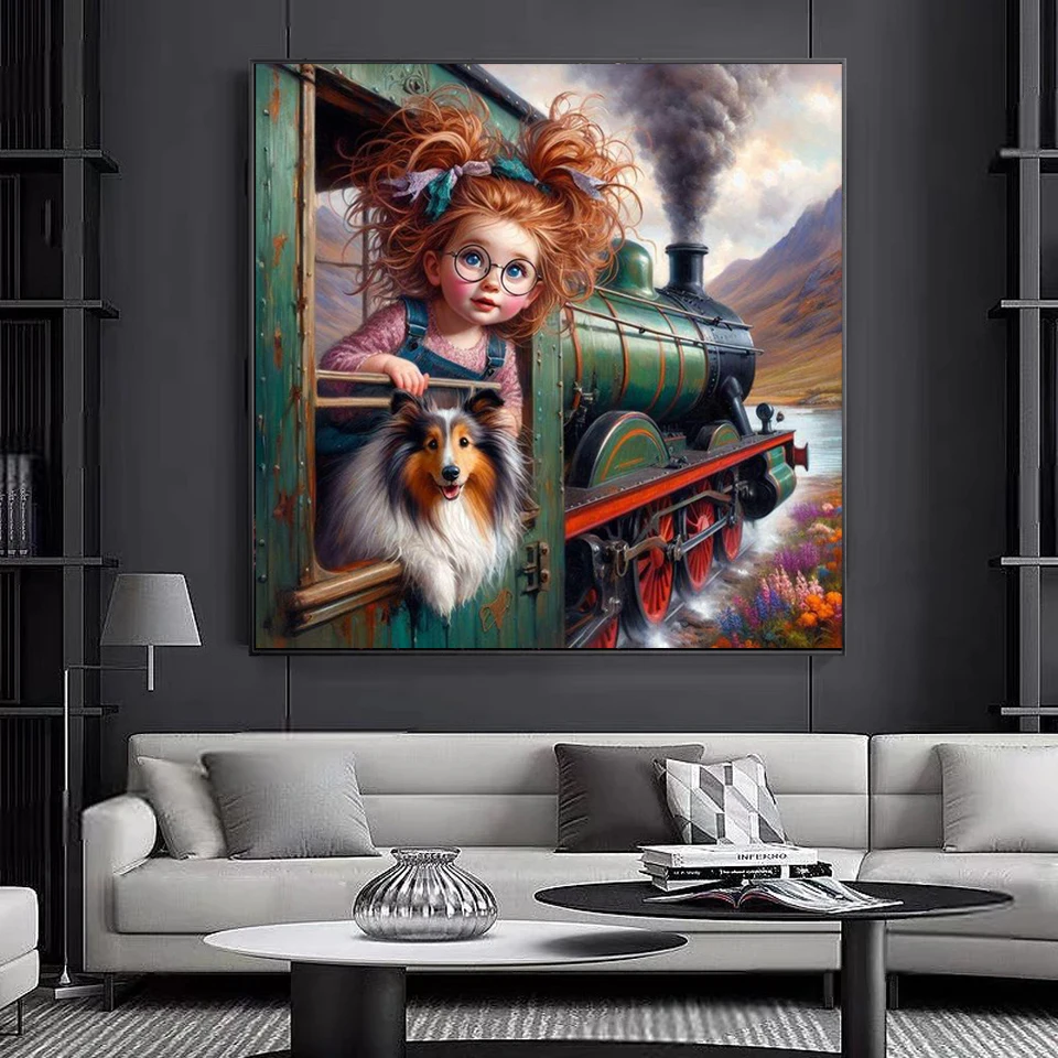 Diamond Painting Blonde Little Girl and Animals Dog Cat Pictures Full Diamond Mosaic Cross Stitch Kit Home Wall Decoration Gift