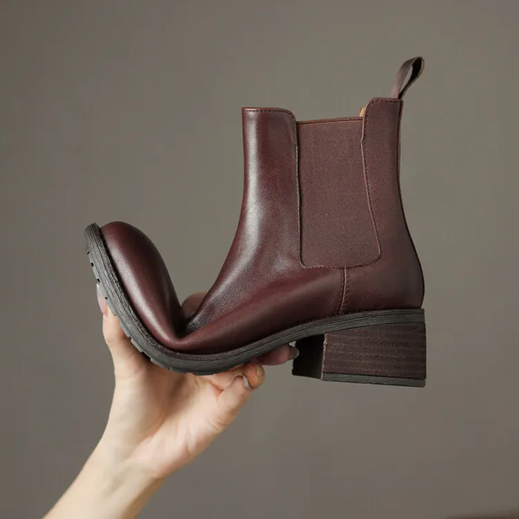 

British Brown Leather Women Chelsea Boots Elastic Band Slip On Dress Ankle Botas 5cm Square Toe Brown Motorcycle Botines Mujer