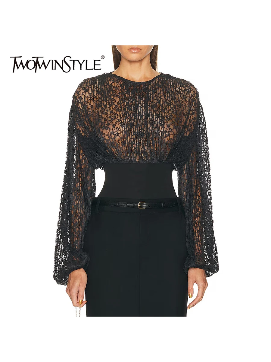 

TWOTWINSTYLE Solid Slimming Sheer Spliced Mesh Sexy Blouses for Women Round Neck Long Sleeve Fashion Blouse Female Clothing New