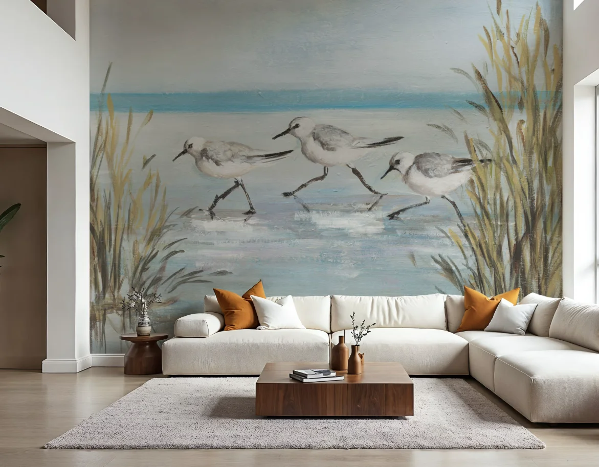 Customized Size Mural Cartoon Hand drawn Animal Countryside Rooster Beach Seagull Steed Decoration Painting 3d wallpaper