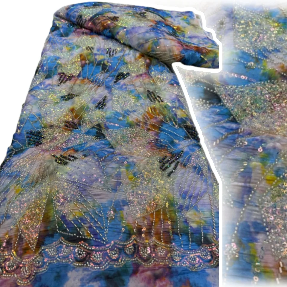 

Африканская кружевная ткань, 2025 г., высокое качество, 5 ярдов, текстильный принт, блестки, кружево из бисера, тюлевое кружево с вышивкой для праздничного платья SZ1620