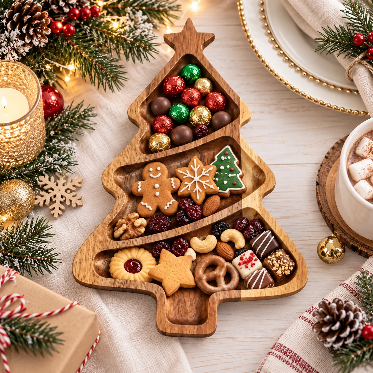 23cm Wooden Christmas Tree Tray Dessert Plate Candy Dish Serving Platter Fruit Snack Plate Party Tableware Holiday Decoration