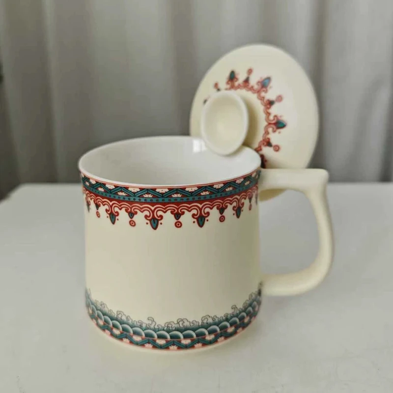 

Chinese Style Dunhuang Patterns Ceramic Teacup, Household Personal Office Creative With Cover Mugs, Tea Steeping Cup, 400ml, 1Pc