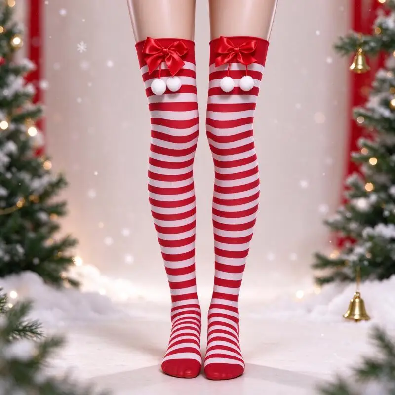 Christmas Red White Striped Leg Warmers Women Bowknot Over Knee Socks Fluffy Ball Y2K Harajuku Gothic Punk Streetwear Cosplay