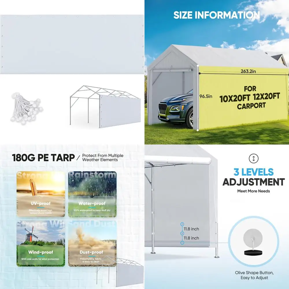 استبدال قماش القنب المظلة الجانبية بنجي كرات ل 10x20 أو 12x20 قدم Carport المرآب خيمة حفلة المأوى الأبيض #1