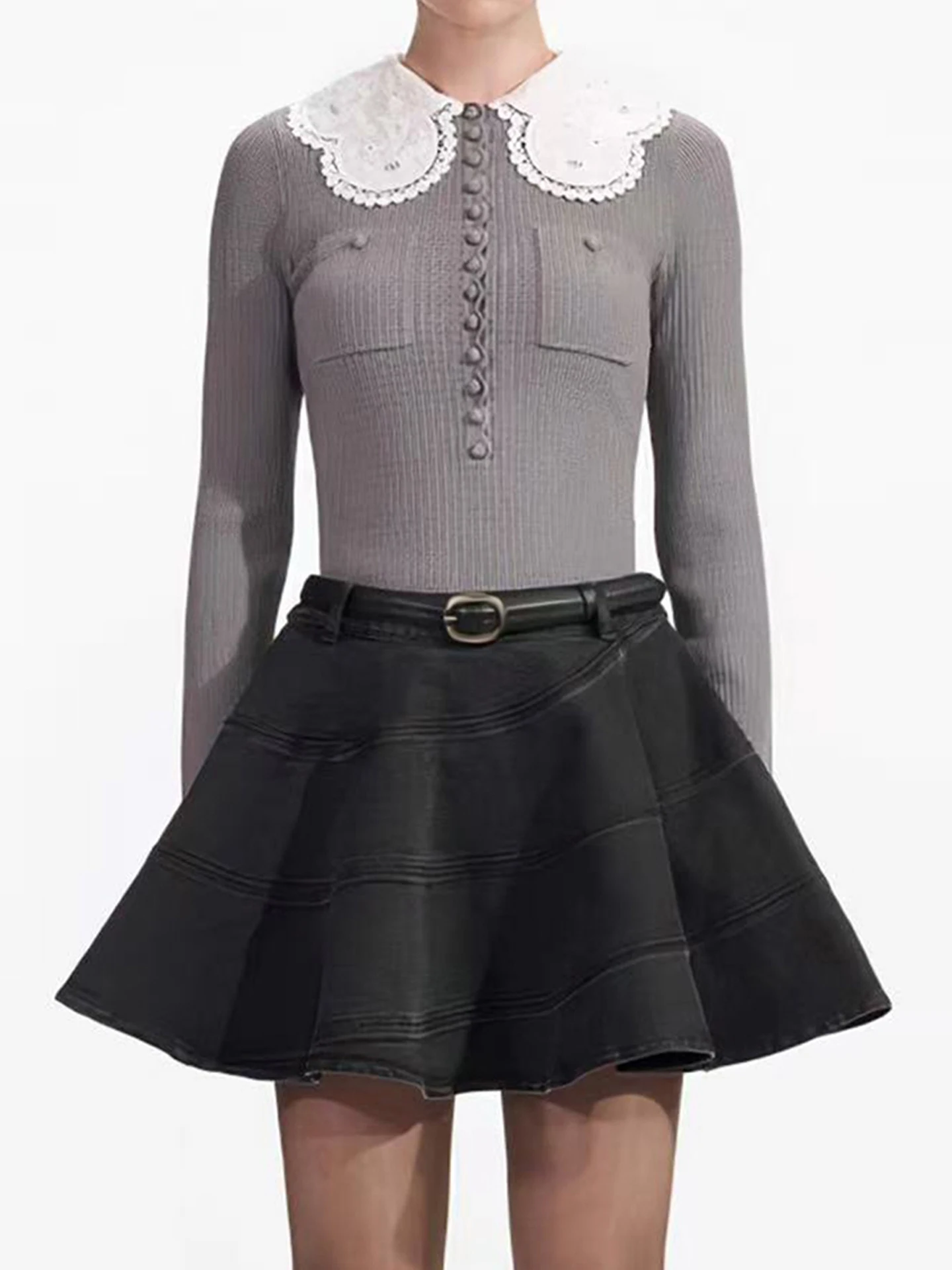 

High-End Lace Collar Knitted Sweater Top for Women Ele Commute Sle Slim Fit Long Sve ort Length Overhead Knitted
