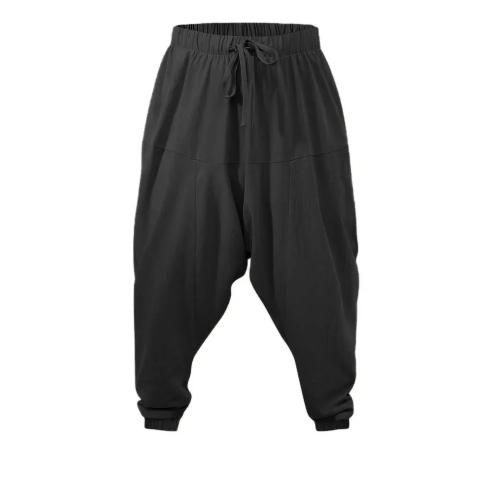 Harembroek voor heren Katoen Linnen Drop Crotch Gezellig Streetwear Loose Fit Ademend Lichtgewicht Lange broek Mannelijke joggers