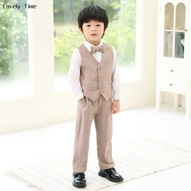 Kids Waistcoat Shirt Pants Wedding Clothes Sets Boys Stripe Vest Suits Children Gentlemen Outfits Toddler Party Formal Dress