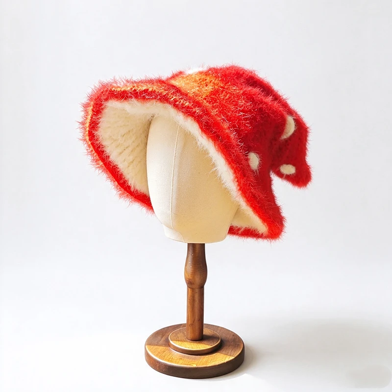 Handmade Red Mushroom Shaped Fluffy Pixie Hat Women Custom Crochet Knitted Wizard Beanie Men Cosplay Funny Kawaii Unisex Caps