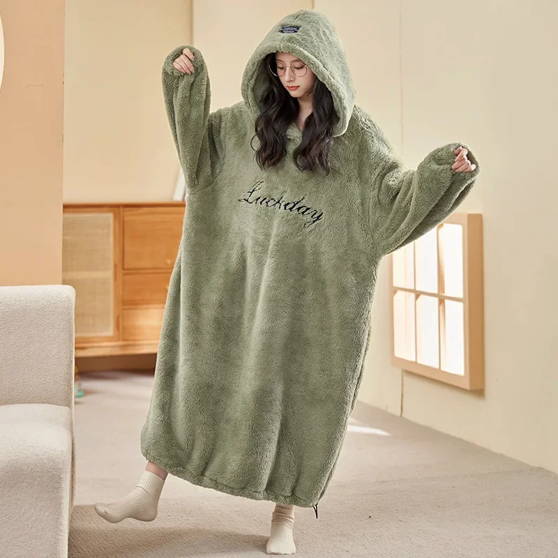 Coral Velvet Pajama Dress for Women 2023 Winter Plush Flannel Warm Soft Homewear Hooded Nightdress Leisure Solid Nightgowns