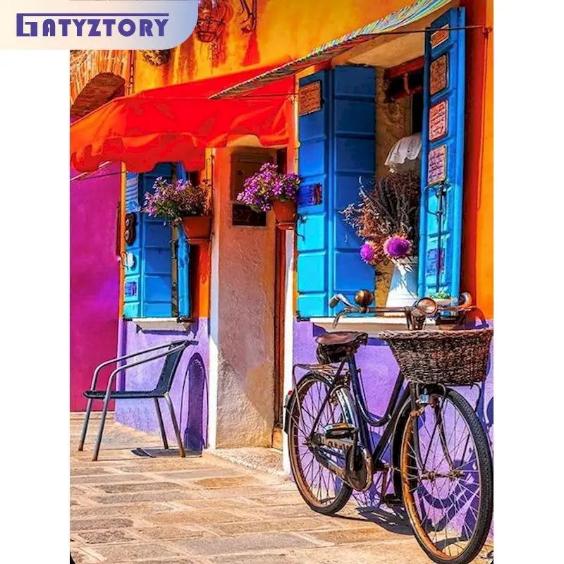 

GATYZTORY Diamond Painting With Frame 5D DIY Bicycle Street Scenery Full Round Square Mosaic Painting Cross Stitch Crafts Unique