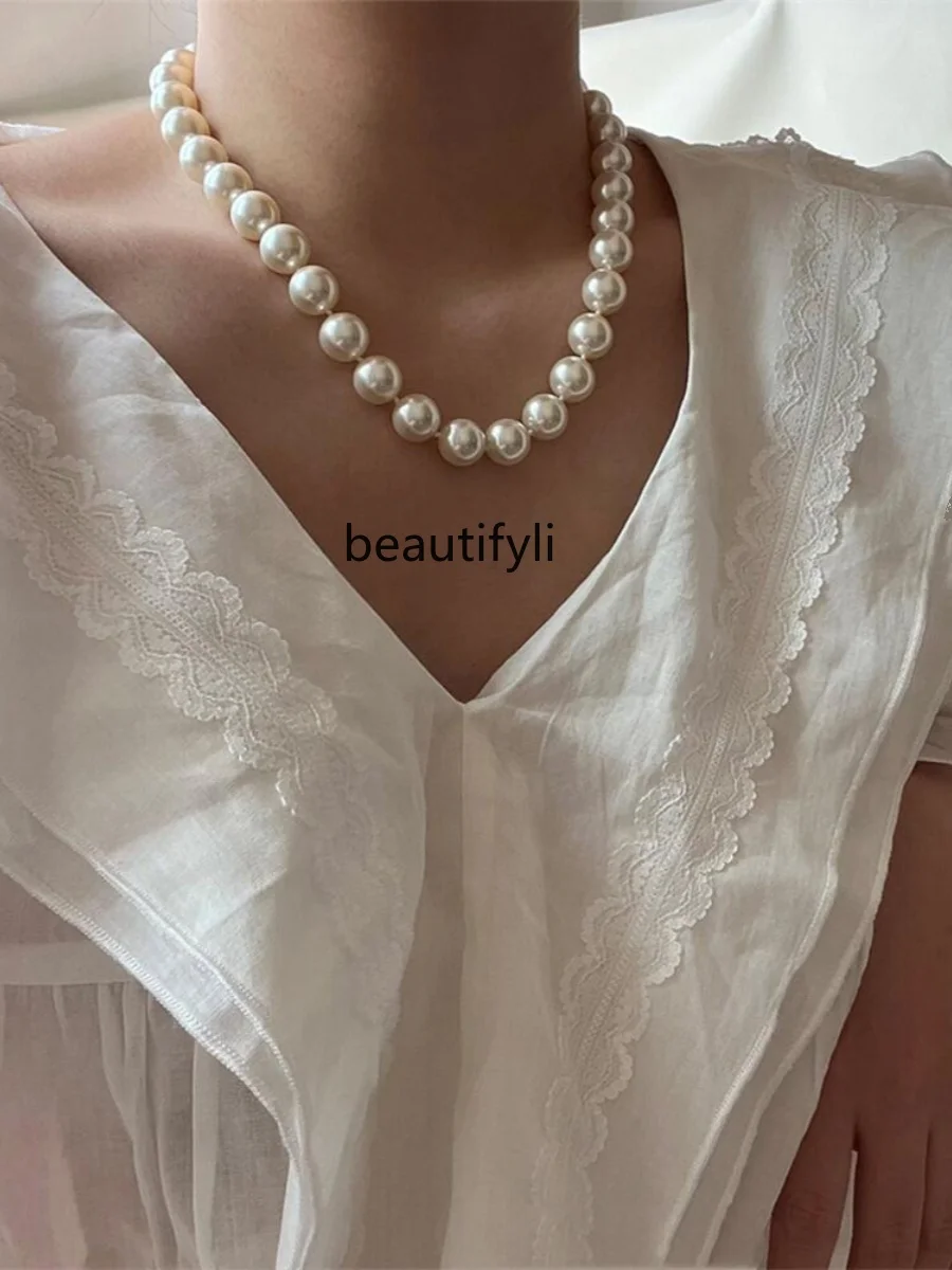 New round 12mm large particle pearl necklace light luxury versatile collarbone chain