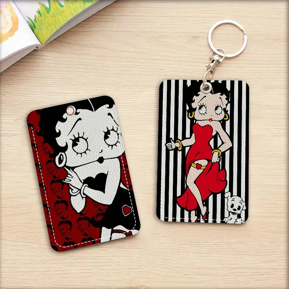 Anime B-bettyS sexy Boop Rectangle ID Card Case Keychain Access Card Bag Key Tag Ring Leather Card Holder Key Ring Access