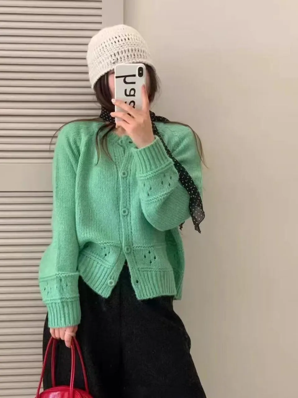 Sweet Pink Lace Hook Knit Sweater Cardigan Women's Loose Spring Autumn Soft Thin Knitted Top Coat round Ne Long Sve