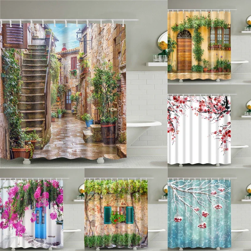 3D Colorful Street Alley Pattern Shower Curtains Bathroom Curtain Waterproof Thickened Polyester Bath Curtain with Hooks