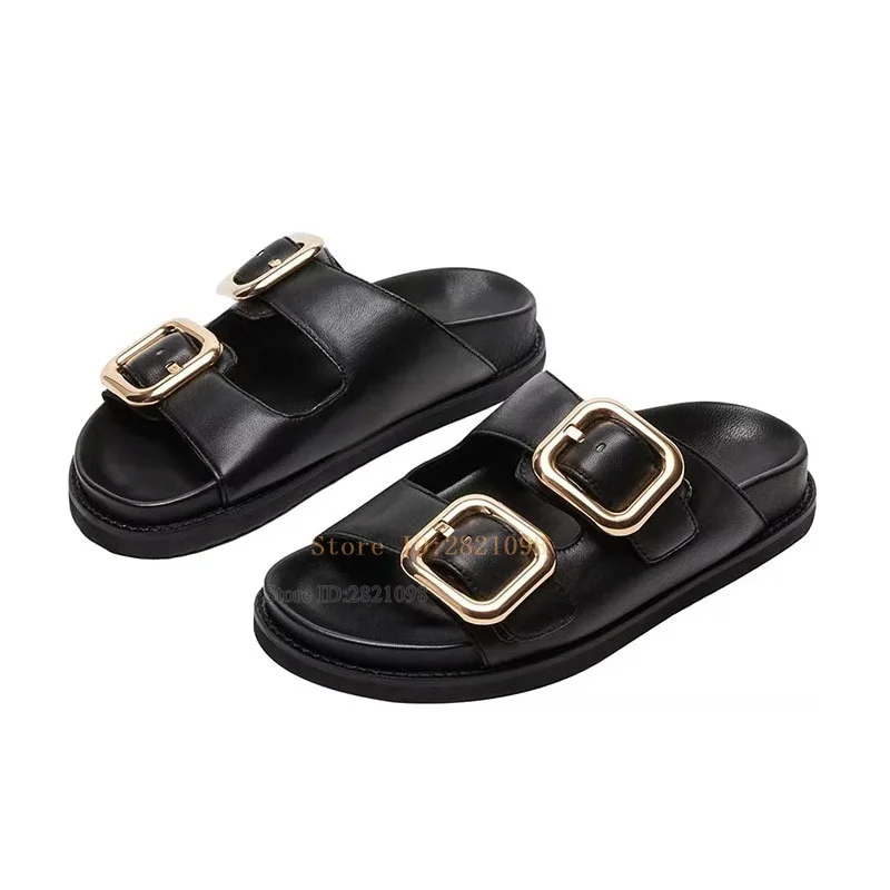 Big Gold Buckle Cut Out Real Leather Mules Straps Italy Designer Shoes Women Comfortable Slip On Flats