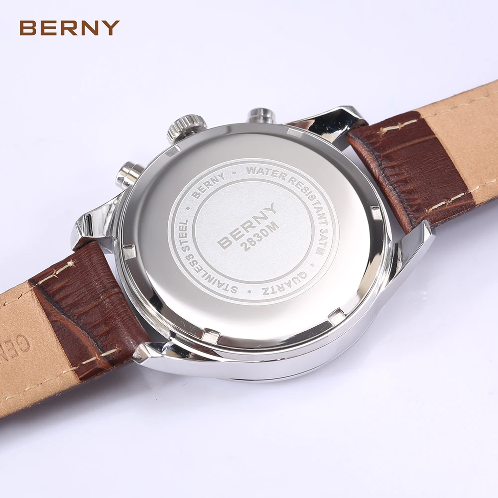 BERNY VD55 Quartz Sports Wristwatch Super Luminous Watch for Men Date Leather Strap Chronograph Mens Watches Top Brand Luxury