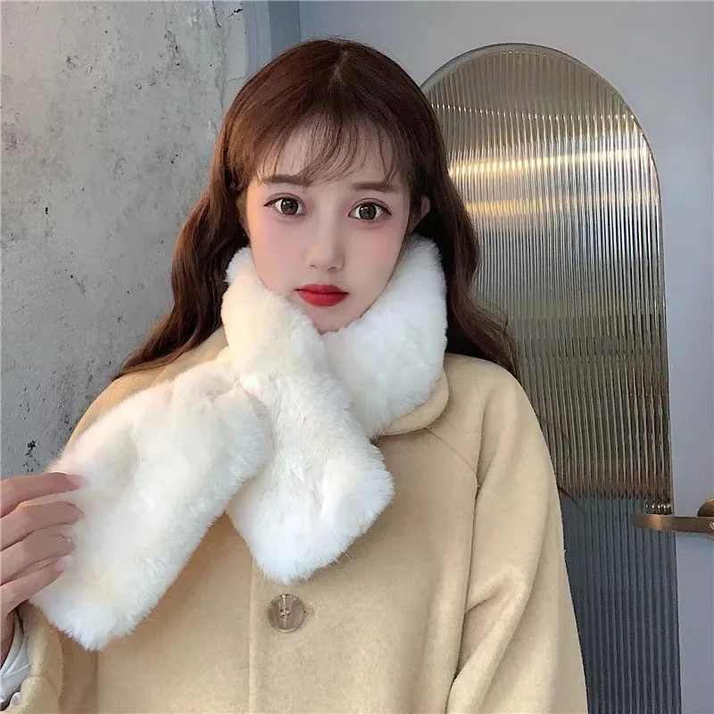 Korean Plush Faux Rabbit Fur Thick Plush Shawl Scarf for Female Winter Oudoor Windproof Solid Color Cross Neck Guard Warm Scarfs