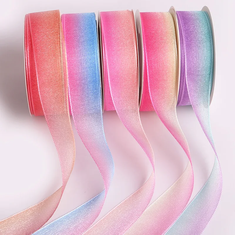 Rainbow Gradient Colors Organza 5 Yards/lot Ribbon Tape Wedding Christmas Gift Packing Ribbons DIY Hair Bow Material