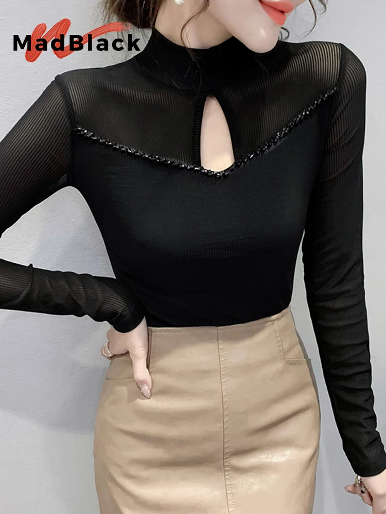 

MadBlack-Women's European T-Shirt, Sexy Mock Neck Beading Tops, Streetwear Long Sleeve Slim Hollow Out Tee, Fall Winter T4N234CC