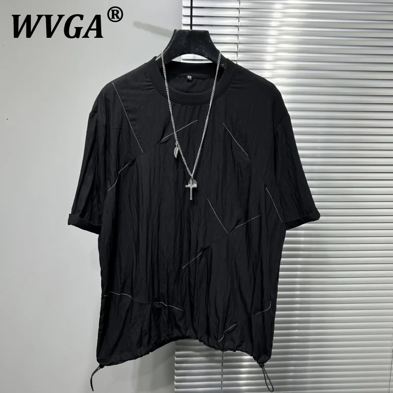 

WVGA Spring Summer New Men's Tide High Street Patchwork Line Trendy Cool Short Sleeve T-shirt Niche Loose Chic Casual Tops W8093