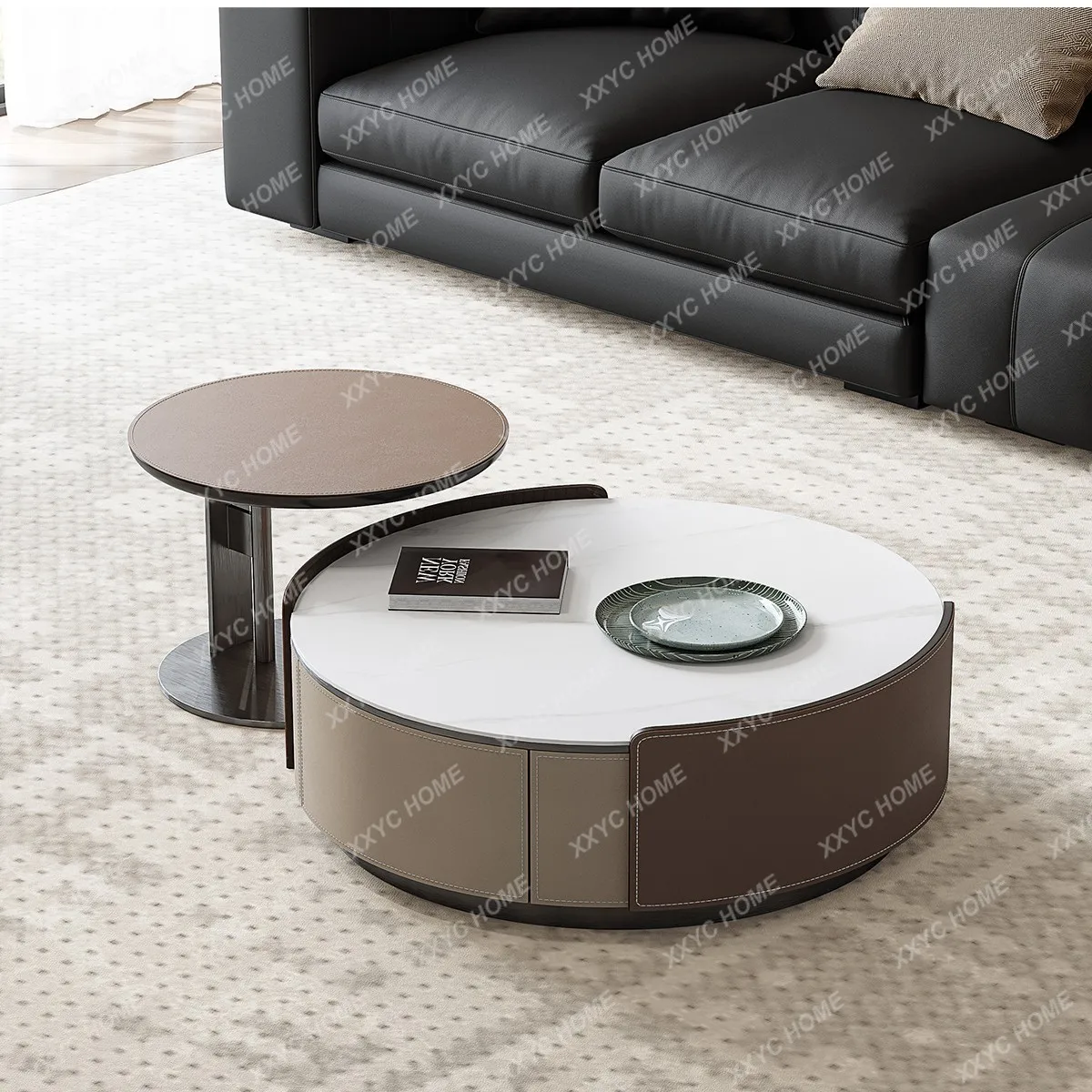 

Комплект кофейных столиков DD Round: роскошный, высококачественный, для гостиной, с атмосферной столешницей из каменной плиты.