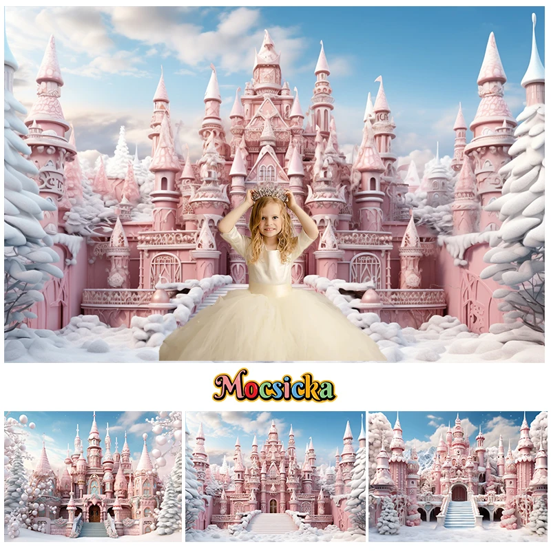 

Mocsicka Pink Castle Backdrop Photography Winter Christmas Background Kid Portrait Birthday Party Snowy Forest Decoration Banner