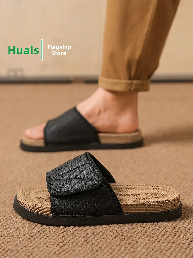 Men's Summer Indoor Outdoor Slip-On Sandals Anti-Slip Wear-Resistant Soft Bottom Woven Slippers Korean Style Beach Shoes