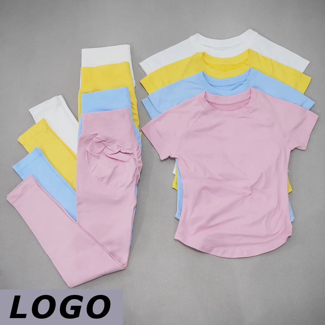 DF LOGOWomen 2‑Piece Seamless Fitness Set Short Sleeve Slim Top High Waist Leggings Quick Dry Elastic Gym Pilates Running Sport