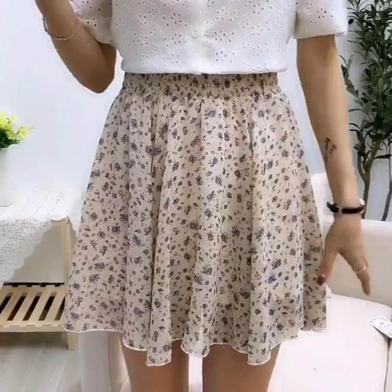 Skirts Women Mini High Waist A-line Folds Floral Summer Stylish Breathable Retro Harajuku Sweet Elegant Kawaii Chic Ins Ulzzang