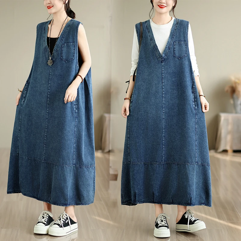 Midi Dress - Loose Long V-neck Denim Dress Women's