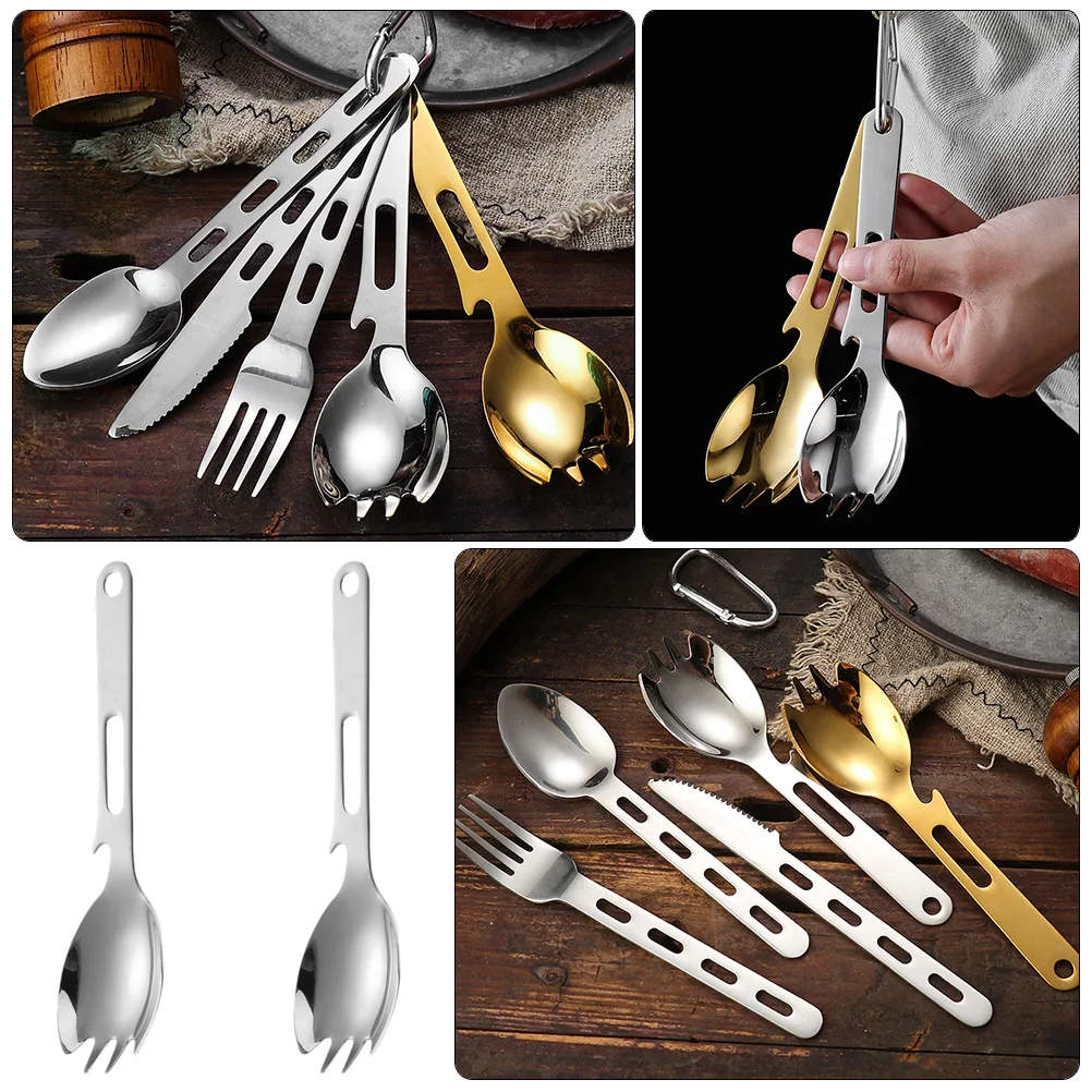 

2 Pcs Use Multiple Spoons Multi-function Camping Spork Opener Stainless Utensils Kit Accessories Sporks Steel Survival Travel