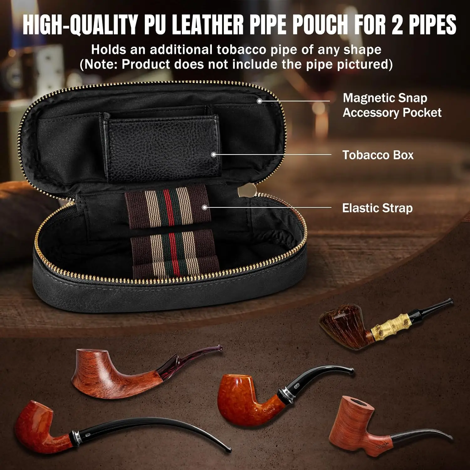 Ebony Wood Pipe Set with PU Leather Travel Pipe Pouch,Replaceable Pipe Stem,Pipe Filters and Smoking Pipe Accessories